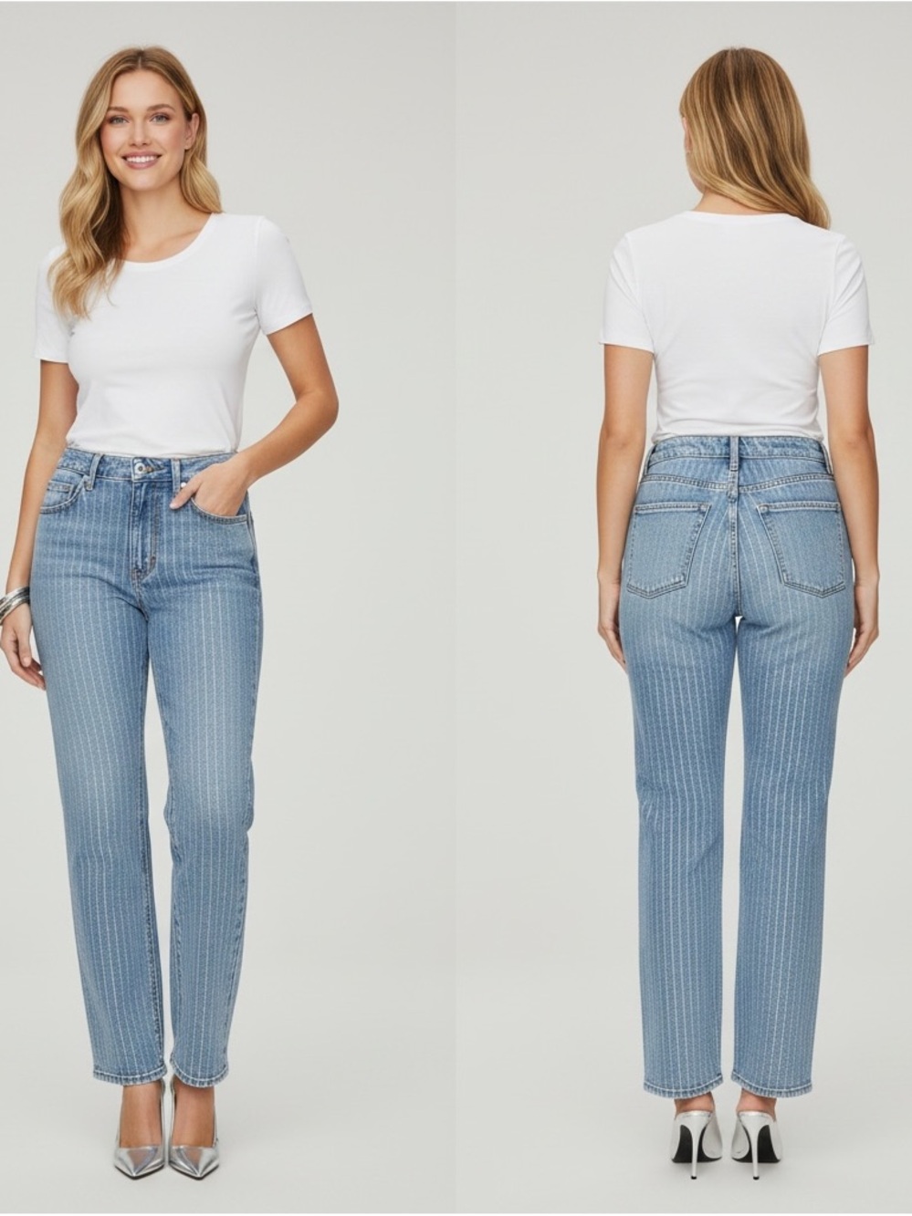 NWT Good American Good Icon Straight Leg Jeans Size 15 with Rhinestone Pinstripe
